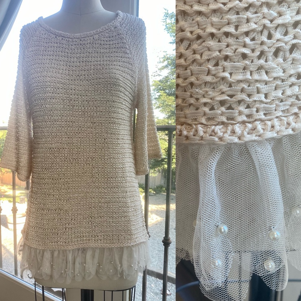 NWT ANTHRO MOLLY BRACKEN tulle/pearl trim sweater